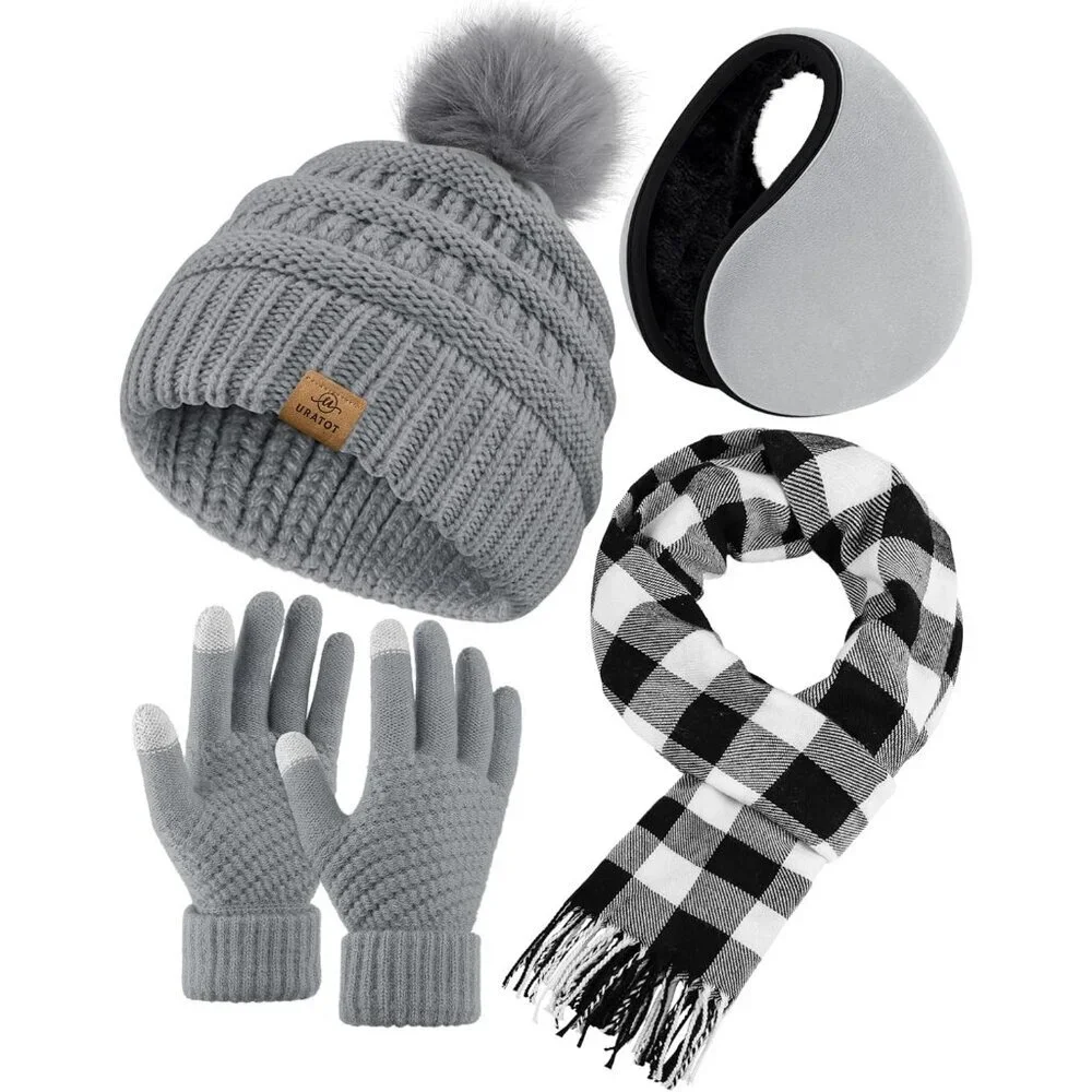 Winter Beanie Hat Scarf Gloves 4-in-1 Knit Set for Women Unisex